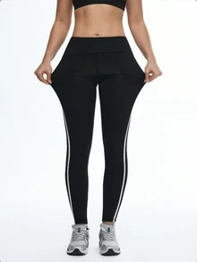 SHEIN Sports Fitted Striped Breathable Casual Fitness Leggings - Black - View 6