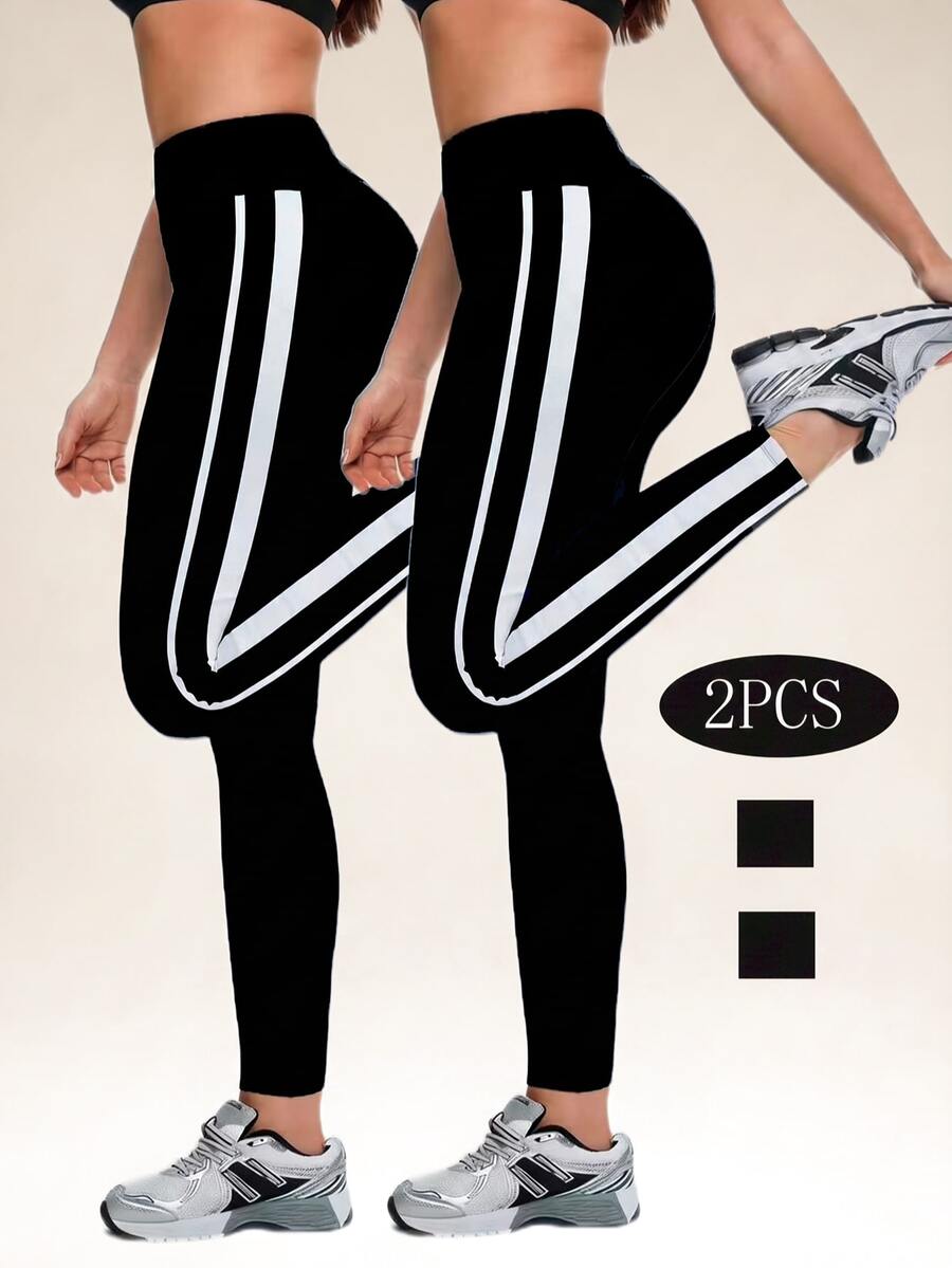 SHEIN Sports Fitted Striped Breathable Casual Fitness Leggings - Black - View 1