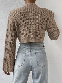 Calvaya Mock Neck Trumpet Sleeve Crop Sweater,Long Sleeve Tops Knit Pullover Fall Winter Sweater - Khaki - View 2