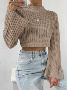 Calvaya Mock Neck Trumpet Sleeve Crop Sweater,Long Sleeve Tops Knit Pullover Fall Winter Sweater - Khaki - View 4