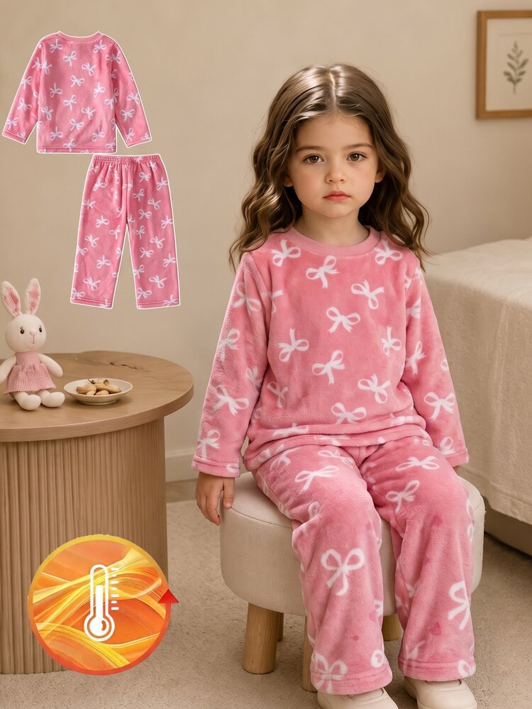 Young Girl Allover Bow Pattern Flannel Top & Pants Pajamas Set Autumn Winter - Watermelon Pink - View 8