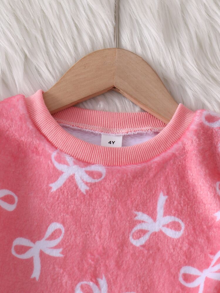 Young Girl Allover Bow Pattern Flannel Top & Pants Pajamas Set Autumn Winter - Watermelon Pink - View 5