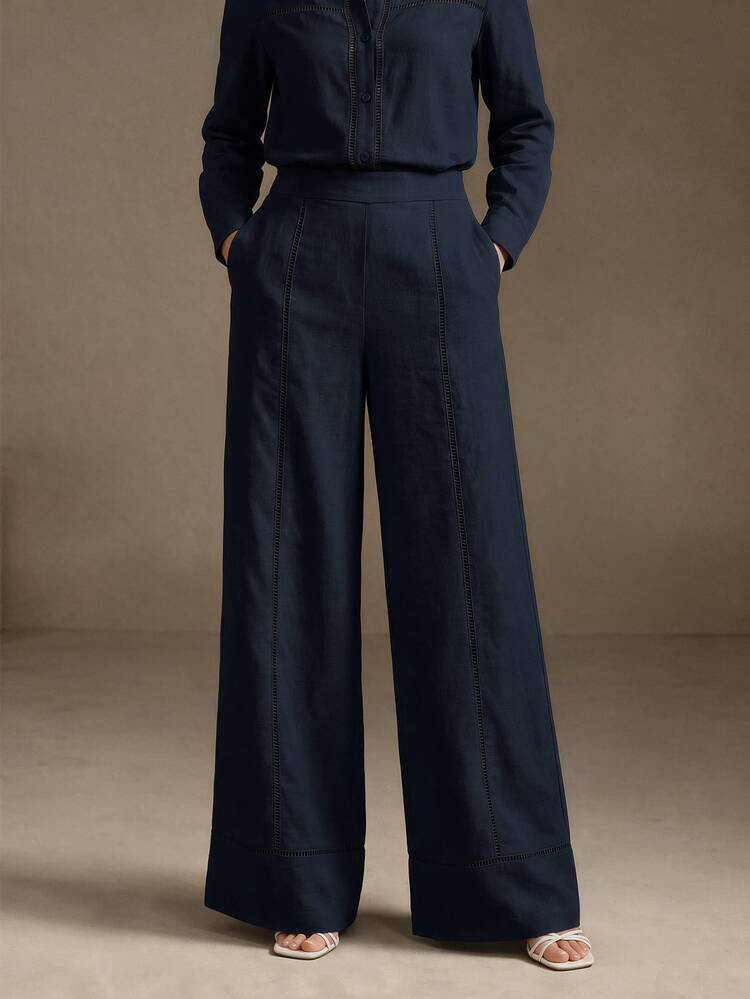 Anewsta Essential Minimalist Casual Versatile 20% Linen Lace Hollow Patchwork Pocket All-Match Commute Wide Leg Elegant Women's Long Pants - Navy Blue - View 4