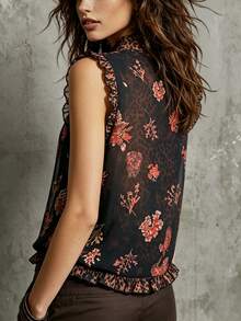 Glimmora Autumn Sleeveless Frill Trim Blouse - Coffee Brown - View 2