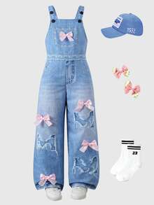 SHEIN Tween Girl Fall Clothes Bow Decor Wide Leg Jumpsuit Autumn Fall, Holiday Outfits, Casual, Comfortable, Daily - Blue - View 2