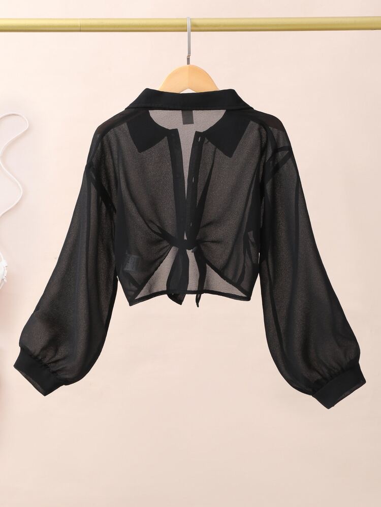 Girls' Casual Lightweight Long Sleeve Buttoned Black Polyester Breathable Classic Easy-CareSoft-Touch Bold Chic Shirt Fall Winter - Black - View 4