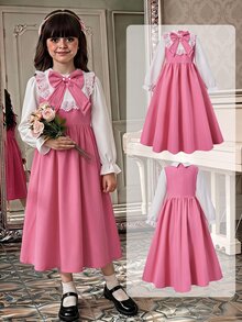 SHEIN Tween Girls Autumn Back To School Midi Dress, Lace Collar Bow Ruffle Long Sleeve A-Line Flowy Dress - Multicolor - View 6
