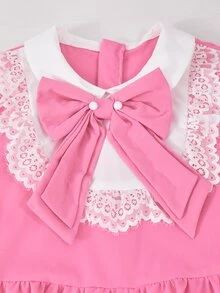 SHEIN Tween Girls Autumn Back To School Midi Dress, Lace Collar Bow Ruffle Long Sleeve A-Line Flowy Dress - Multicolor - View 7