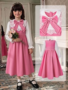 SHEIN Tween Girls Autumn Back To School Midi Dress, Lace Collar Bow Ruffle Long Sleeve A-Line Flowy Dress - Multicolor - View 8