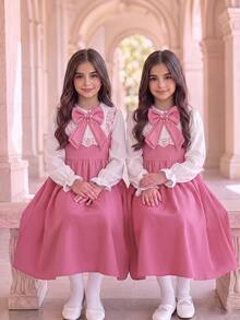 SHEIN Tween Girls Autumn Back To School Midi Dress, Lace Collar Bow Ruffle Long Sleeve A-Line Flowy Dress - Multicolor - View 5