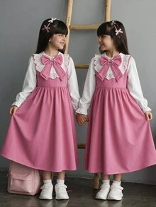 SHEIN Tween Girls Autumn Back To School Midi Dress, Lace Collar Bow Ruffle Long Sleeve A-Line Flowy Dress - Multicolor - View 3