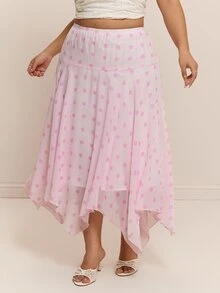 CovetEZ New Pink Polka Dot Romantic Chiffon Asymmetrical Hem Casual Plus Size Skirt - Pink - View 5