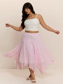 CovetEZ New Pink Polka Dot Romantic Chiffon Asymmetrical Hem Casual Plus Size Skirt - Pink - View 6
