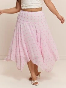 CovetEZ New Pink Polka Dot Romantic Chiffon Asymmetrical Hem Casual Plus Size Skirt - Pink - View 4