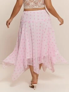 CovetEZ New Pink Polka Dot Romantic Chiffon Asymmetrical Hem Casual Plus Size Skirt - Pink - View 2