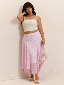 CovetEZ New Pink Polka Dot Romantic Chiffon Asymmetrical Hem Casual Plus Size Skirt - Pink - View 7