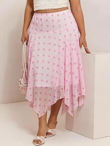 CovetEZ New Pink Polka Dot Romantic Chiffon Asymmetrical Hem Casual Plus Size Skirt - Pink - View 1