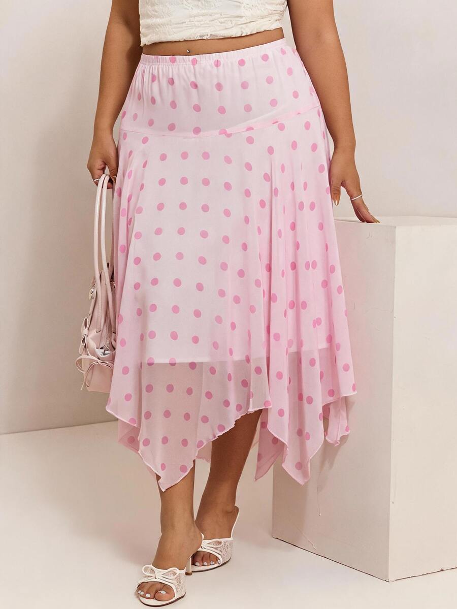 CovetEZ New Pink Polka Dot Romantic Chiffon Asymmetrical Hem Casual Plus Size Skirt - Pink - View 1