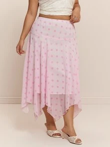 CovetEZ New Pink Polka Dot Romantic Chiffon Asymmetrical Hem Casual Plus Size Skirt - Pink - View 3