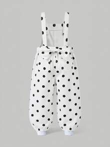 SHEIN Overall Denim Longgar Motif Polkadot Putih untuk Anak Perempuan dengan Pita 3D di Bagian Belakang Pinggang - Hitam dan Putih - View 2