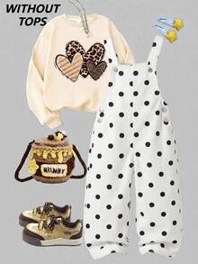 SHEIN Overall Denim Longgar Motif Polkadot Putih untuk Anak Perempuan dengan Pita 3D di Bagian Belakang Pinggang - Hitam dan Putih - View 3
