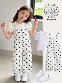 SHEIN Overall Denim Longgar Motif Polkadot Putih untuk Anak Perempuan dengan Pita 3D di Bagian Belakang Pinggang - Hitam dan Putih - View 1