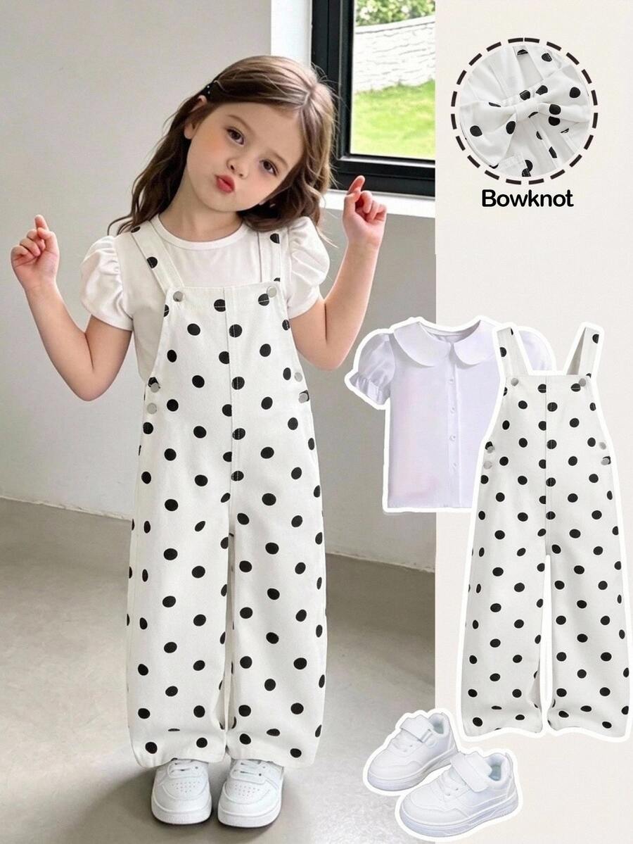 SHEIN Overall Denim Longgar Motif Polkadot Putih untuk Anak Perempuan dengan Pita 3D di Bagian Belakang Pinggang - Hitam dan Putih - View 1
