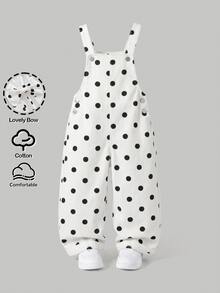 SHEIN Overall Denim Longgar Motif Polkadot Putih untuk Anak Perempuan dengan Pita 3D di Bagian Belakang Pinggang - Hitam dan Putih - View 8