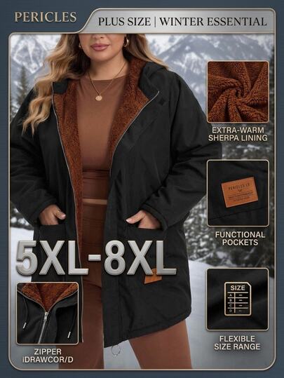 SHEIN CURVE+ Plus Size Front Zip Up Minimalist Hooded Jacket, Casual Daily Wear, For Winter Fall Cloth For Women