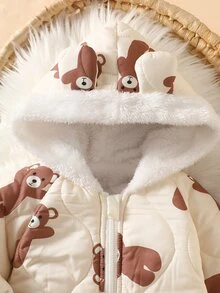 SHEIN Newborn Baby Boys Jumpsuit Coats Cute Cream Brown Bear Print 3D Ears Quilted Fleece Lined Long Sleeve Hooded Thick Winter Christmas Zipper Fall Style - Coffee Brown - View 7
