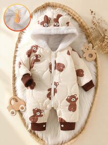SHEIN Newborn Baby Boys Jumpsuit Coats Cute Cream Brown Bear Print 3D Ears Quilted Fleece Lined Long Sleeve Hooded Thick Winter Christmas Zipper Fall Style - Coffee Brown - View 3