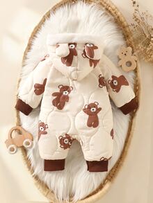 SHEIN Newborn Baby Boys Jumpsuit Coats Cute Cream Brown Bear Print 3D Ears Quilted Fleece Lined Long Sleeve Hooded Thick Winter Christmas Zipper Fall Style - Coffee Brown - View 4