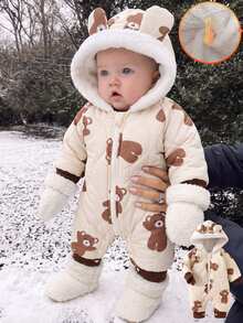 SHEIN Newborn Baby Boys Jumpsuit Coats Cute Cream Brown Bear Print 3D Ears Quilted Fleece Lined Long Sleeve Hooded Thick Winter Christmas Zipper Fall Style - Coffee Brown - View 2