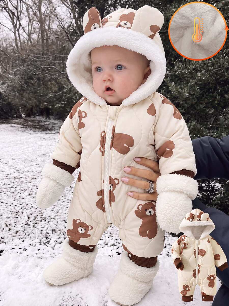 SHEIN Newborn Baby Boys Jumpsuit Coats Cute Cream Brown Bear Print 3D Ears Quilted Fleece Lined Long Sleeve Hooded Thick Winter Christmas Zipper Fall Style