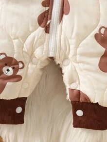 SHEIN Newborn Baby Boys Jumpsuit Coats Cute Cream Brown Bear Print 3D Ears Quilted Fleece Lined Long Sleeve Hooded Thick Winter Christmas Zipper Fall Style - Coffee Brown - View 6