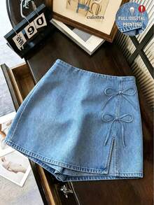SHEIN Franclia Women's Bowknot Decor Split Hem Light Blue Effect Skorts Date School Summer Cute Casual - Royal Blue - View 1