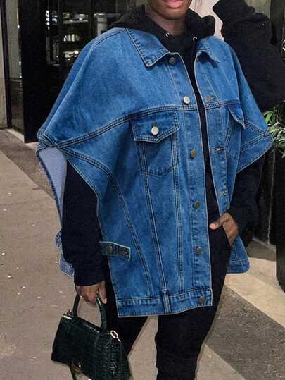 Slaydiva Plus Size Women's Outfit - Side-Opening, Turned-Up Collar Short-Sleeved Casual Denim Jacket, Denim T