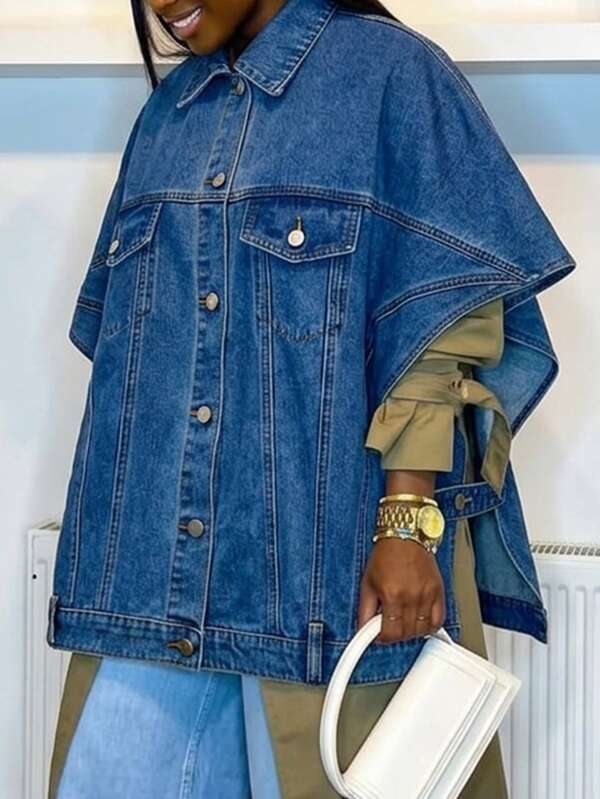 Slaydiva Plus Size Women's Outfit - Side-Opening, Turned-Up Collar Short-Sleeved Casual Denim Jacket, Denim T