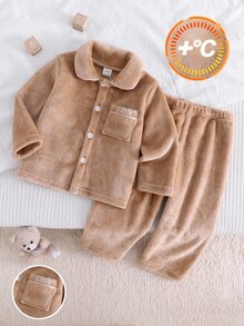 SHEIN 男嬰卡其色極簡法蘭絨抓絨長褲與長袖休閒舒適兩件式居家服套裝 - 卡其色 - 查看 6