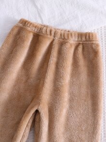SHEIN 男嬰卡其色極簡法蘭絨抓絨長褲與長袖休閒舒適兩件式居家服套裝 - 卡其色 - 查看 7