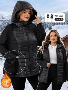SHEIN CURVE+ Plus Size Hooded Jacket, Quilted Fabric, Comfortable, Women's Autumn/Winter Clothing - Black - View 10