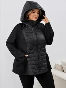 SHEIN CURVE+ Plus Size Hooded Jacket, Quilted Fabric, Comfortable, Women's Autumn/Winter Clothing - Black - View 7