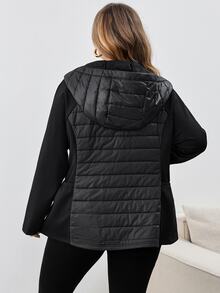 SHEIN CURVE+ Plus Size Hooded Jacket, Quilted Fabric, Comfortable, Women's Autumn/Winter Clothing - Black - View 3