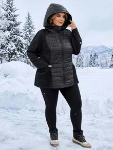 SHEIN CURVE+ Plus Size Hooded Jacket, Quilted Fabric, Comfortable, Women's Autumn/Winter Clothing - Black - View 5