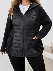 SHEIN CURVE+ Plus Size Hooded Jacket, Quilted Fabric, Comfortable, Women's Autumn/Winter Clothing - Black - View 9