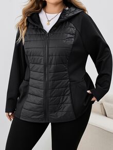 SHEIN CURVE+ Plus Size Hooded Jacket, Quilted Fabric, Comfortable, Women's Autumn/Winter Clothing - Black - View 6