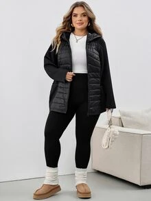 SHEIN CURVE+ Plus Size Hooded Jacket, Quilted Fabric, Comfortable, Women's Autumn/Winter Clothing - Black - View 11