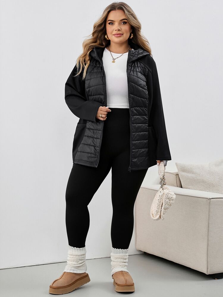 SHEIN CURVE+ 大尺碼連帽夾克，絎縫布料，舒適，女款秋冬衣飾 - 黑色 - 查看 10