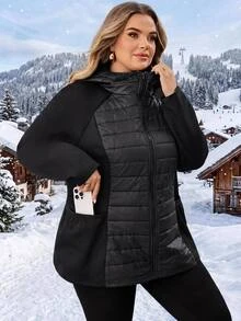 SHEIN CURVE+ Plus Size Hooded Jacket, Quilted Fabric, Comfortable, Women's Autumn/Winter Clothing - Black - View 4