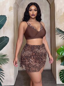 Slaydiva مجموعة بيكيني 2 في 1 بطبعة نمر للنساء بمقاسات كبيرة للصيف والشاطئ مع سراويل مثلثية وتنورة صغيرة - متعدد الألوان - مشاهدة 6